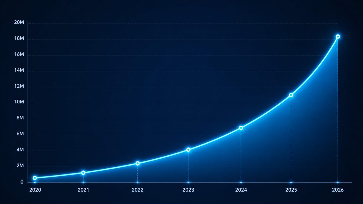 白虎用户增长数据图表,展示2020-2026年注册用户从50万增长至1800万的趋势